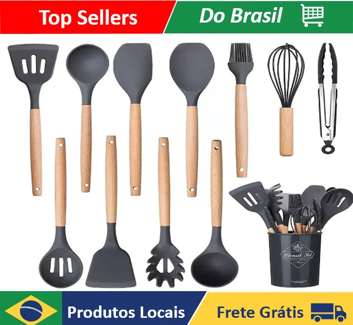 Kit 12 Utensílios De Cozinha Em Silicone E Cabo De Madeira - lançamento