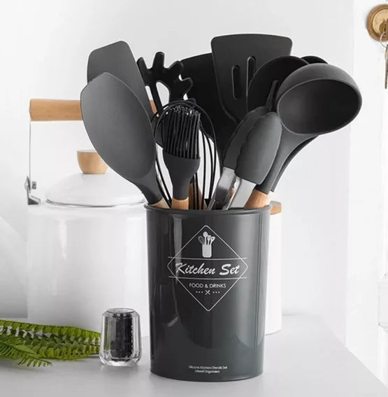 Kit 12 Utensílios De Cozinha Em Silicone E Cabo De Madeira - lançamento