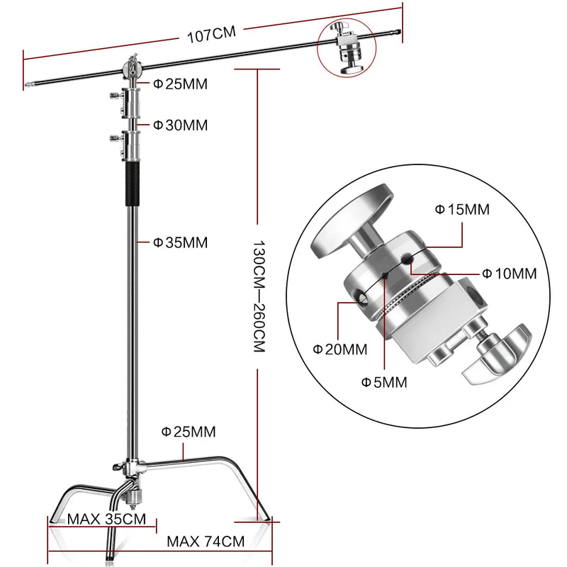 Tripé girafa para fotografia e vídeo  c-suport e para luz 2.6m/8.5ft de aço inoxidável, dobrável suporte de luz de ponto, softbox, estúdio