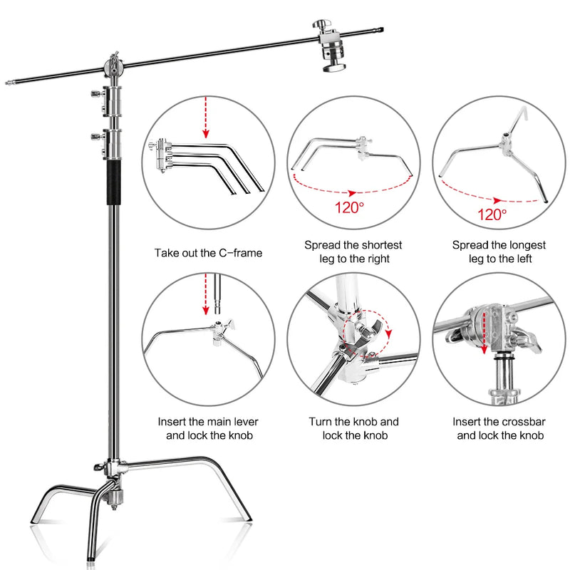 Tripé girafa para fotografia e vídeo  c-suport e para luz 2.6m/8.5ft de aço inoxidável, dobrável suporte de luz de ponto, softbox, estúdio