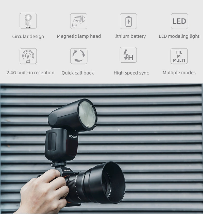 Godox V1 TTL HSS 2.4G V1C V1N V1S Câmera Flash Light Speedlight para DSLR Sem Espelho Mirrorless Camera Sony ZVE10 A7IV A7III A7RV Canon 5DIV 6DII 90D R6 R7 R6II Nikon Z6II Z6 D780 Z5 Fujifilm XT4 V 1