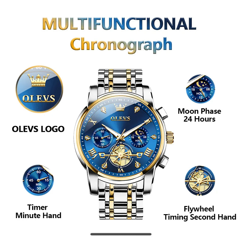relógios masculinos Olevs clássico multifuncional fltwheel cronógrafo original relógio de pulso de quartzo fase da lua 24 horas à prova dágua