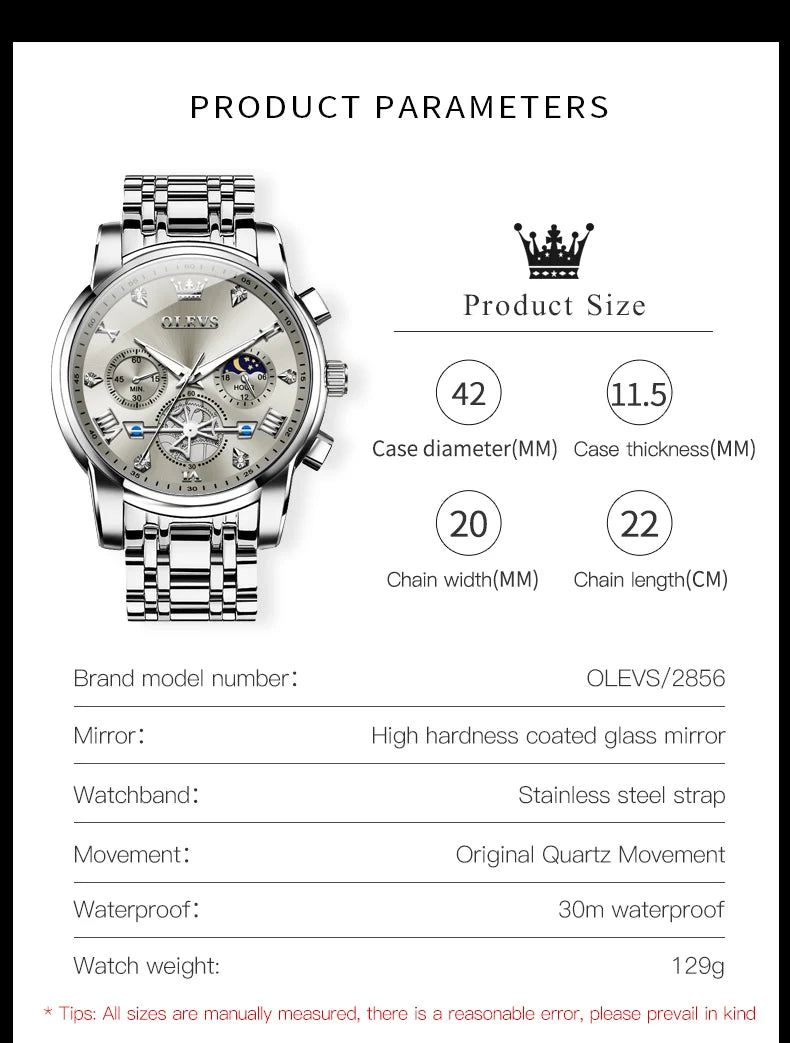 relógios masculinos Olevs clássico multifuncional fltwheel cronógrafo original relógio de pulso de quartzo fase da lua 24 horas à prova dágua