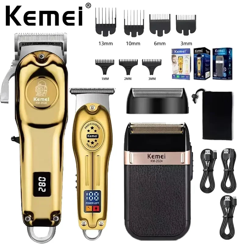 Máquina de cortar cabelo e barba Kemei KM-2628 KM-678 KM-2024/2025 kit profissional, elétrica recarregável, barbeador aparador de cabelo kit masculino