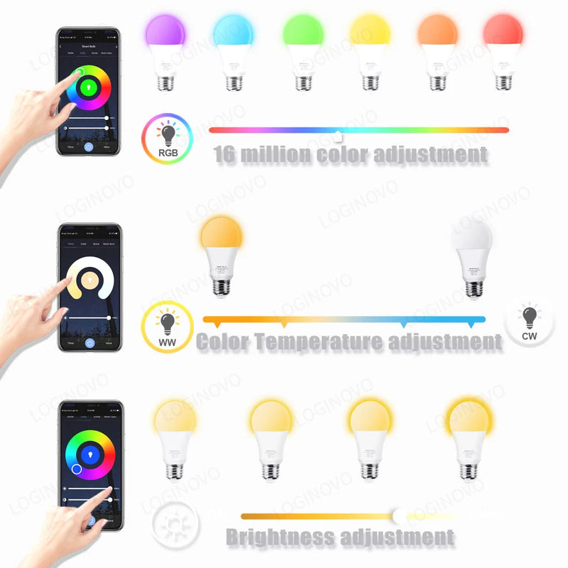 Lâmpadas LED Tuya Smart RGB, Wifi, Bluetooth, Lâmpada Alexa, Assistente do Google, Vida Inteligente, E27, 110V, 220V, Controle Tudo Pelo Celular, Apague a Lampada, Ascende e Mude de Cor, Temperatura...