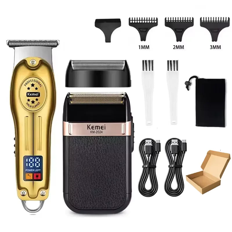 Máquina de cortar cabelo e barba Kemei KM-2628 KM-678 KM-2024/2025 kit profissional, elétrica recarregável, barbeador aparador de cabelo kit masculino