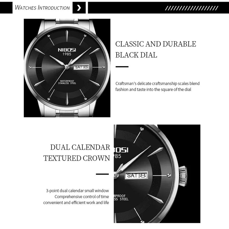 Relógio NIBOSI quartzo masculino, impermeável, aço inoxidável, Masculino Top Luxo, Luminoso, Data Week, Masculino Relógios