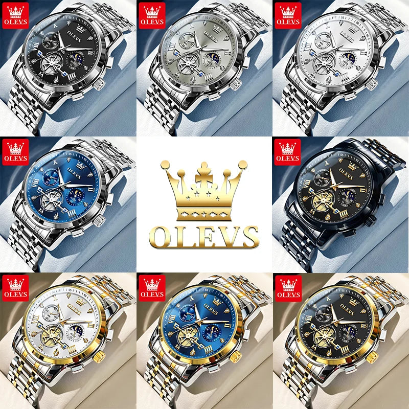 relógios masculinos Olevs clássico multifuncional fltwheel cronógrafo original relógio de pulso de quartzo fase da lua 24 horas à prova dágua