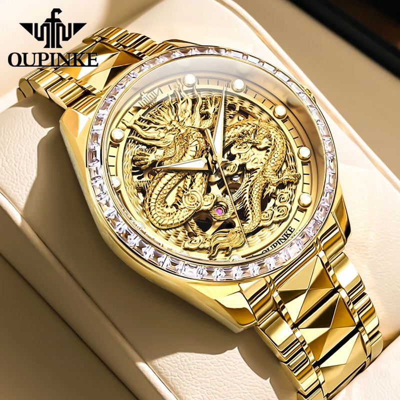 Relógio de pulso OUPINKE- mecânico automático masculino, luxo Top Diamond, Lap Hollow Out, relógios Golden Dragon, originais importados, 3276