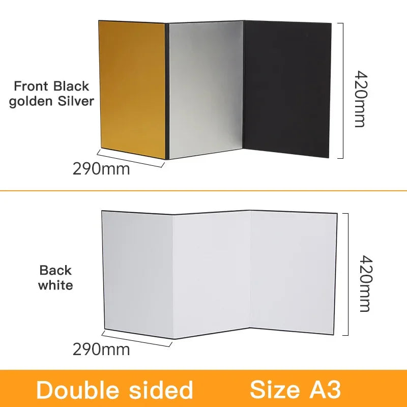 Acessório para fotografia de câmera A3/A4 papelão dobrável branco preto dourado prata refletor absorve luz papel reflexivo grosso