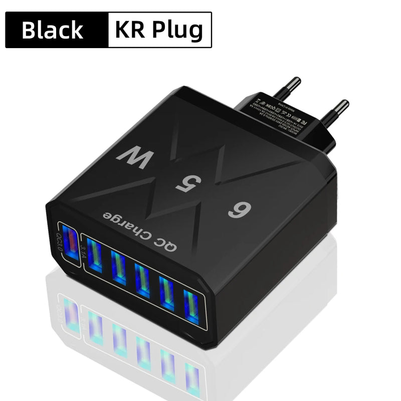 Carregador USB de 65 W com 6 portas, carregamento rápido QC3.0, carregador de viagem para iPhone 14, Samsung, Xiaomi, adaptador para celular, UE, KR, EUA, Reino Unido, plugue