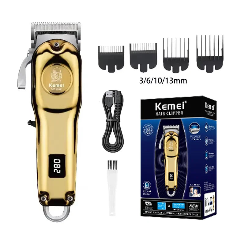 Máquina de cortar cabelo e barba Kemei KM-2628 KM-678 KM-2024/2025 kit profissional, elétrica recarregável, barbeador aparador de cabelo kit masculino