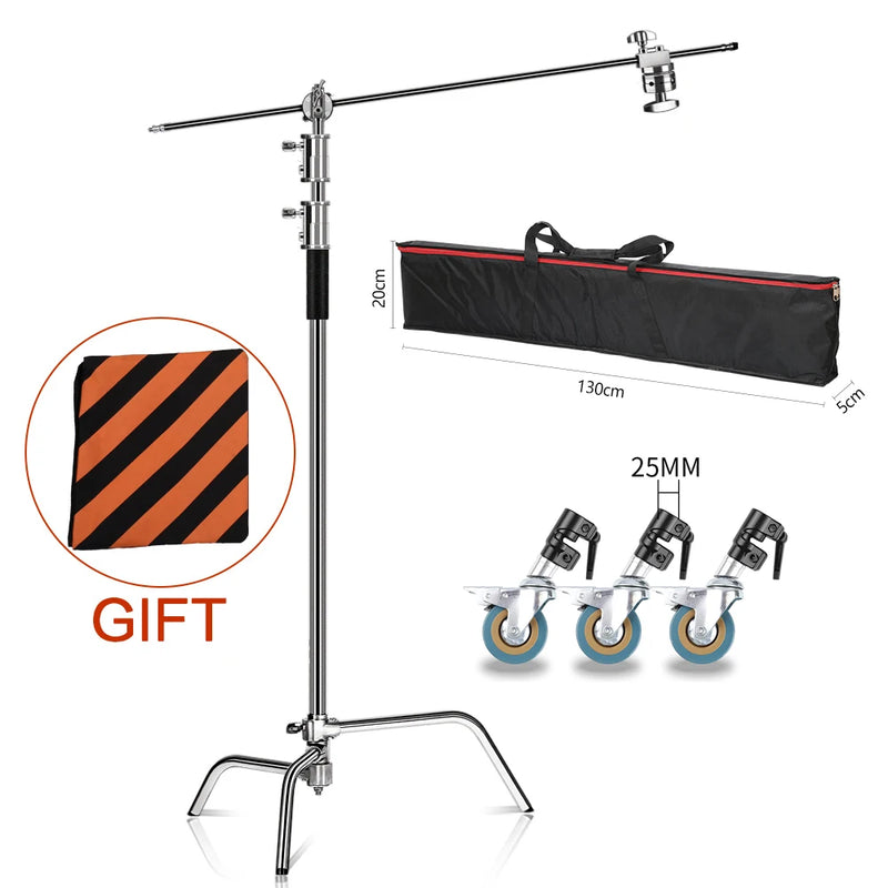 Tripé girafa para fotografia e vídeo  c-suport e para luz 2.6m/8.5ft de aço inoxidável, dobrável suporte de luz de ponto, softbox, estúdio