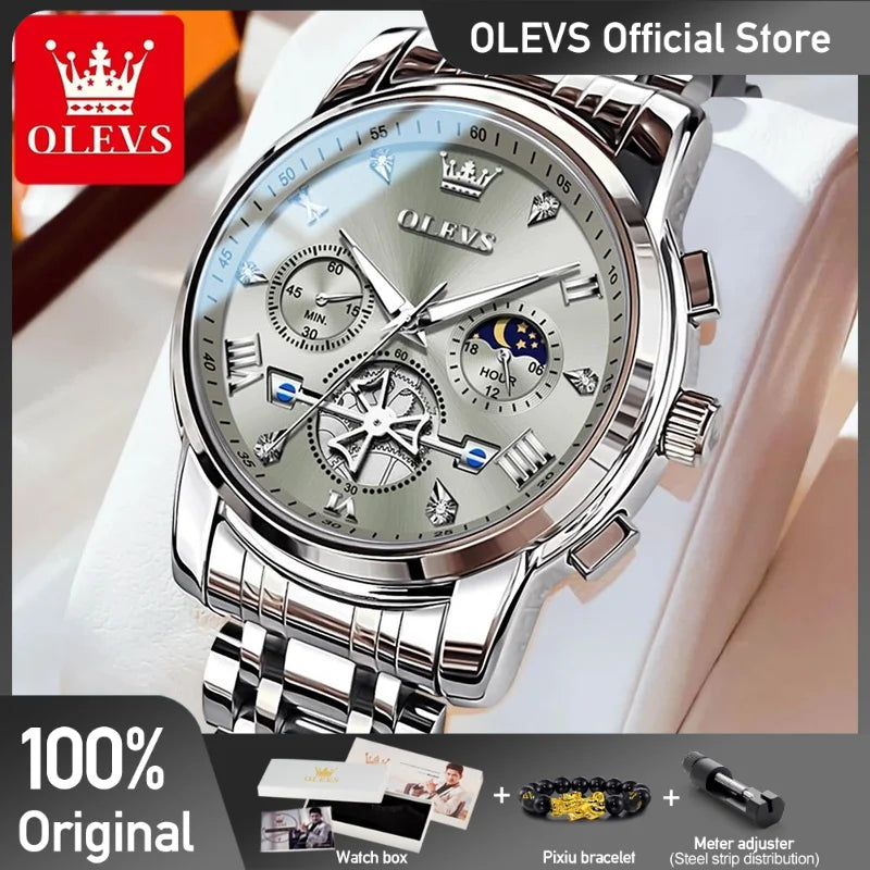 relógios masculinos Olevs clássico multifuncional fltwheel cronógrafo original relógio de pulso de quartzo fase da lua 24 horas à prova dágua