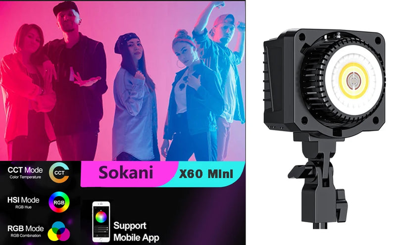 Led Sokani X60 Mini 60W RGB Bi-Color, Video Light Wireless APP Control Bowens Mount for Youtube TikTok Photography