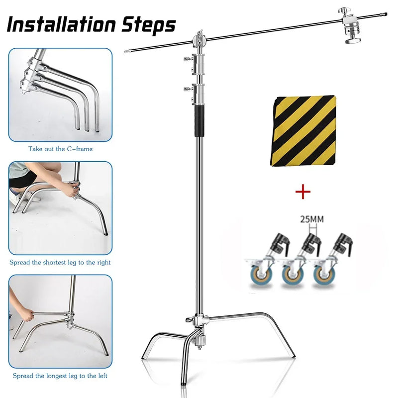 Tripé girafa para fotografia e vídeo  c-suport e para luz 2.6m/8.5ft de aço inoxidável, dobrável suporte de luz de ponto, softbox, estúdio