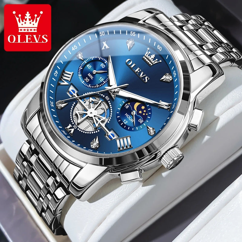 relógios masculinos Olevs clássico multifuncional fltwheel cronógrafo original relógio de pulso de quartzo fase da lua 24 horas à prova dágua