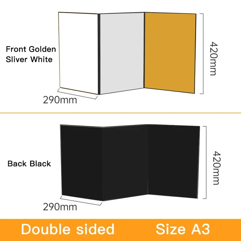 Acessório para fotografia de câmera A3/A4 papelão dobrável branco preto dourado prata refletor absorve luz papel reflexivo grosso