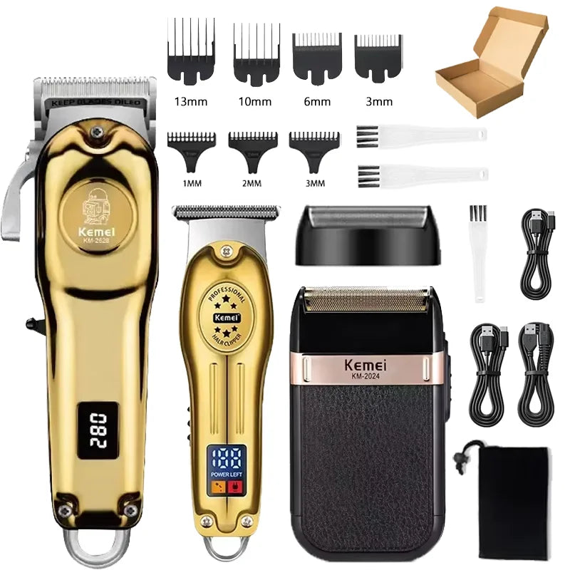 Máquina de cortar cabelo e barba Kemei KM-2628 KM-678 KM-2024/2025 kit profissional, elétrica recarregável, barbeador aparador de cabelo kit masculino