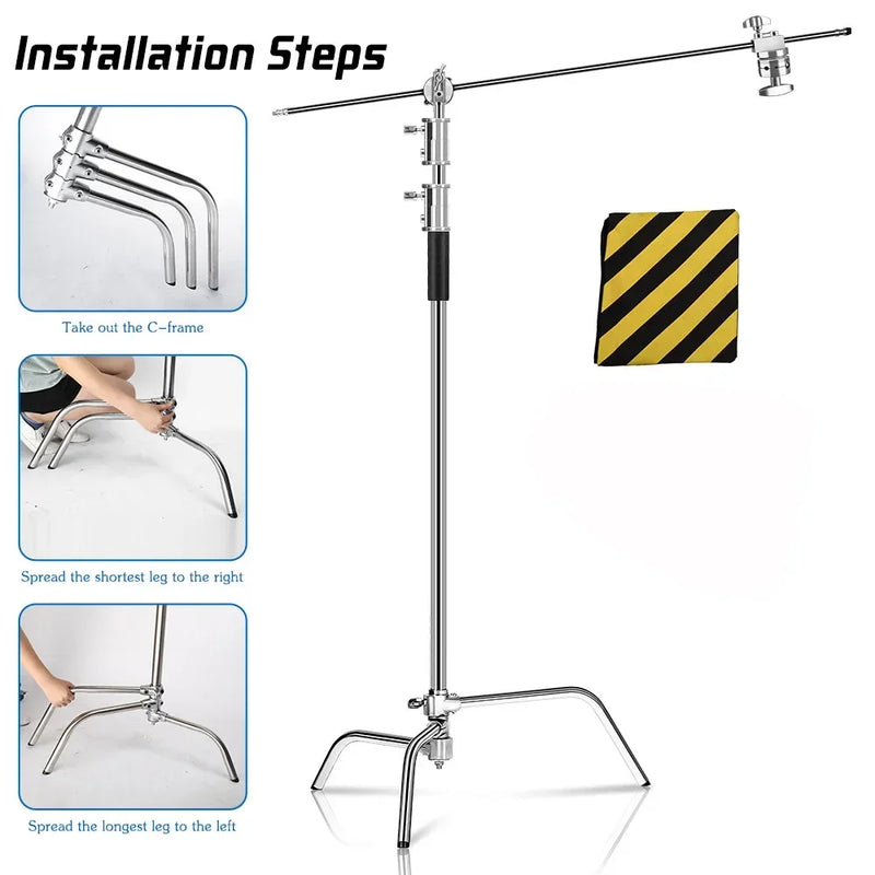 Tripé girafa para fotografia e vídeo  c-suport e para luz 2.6m/8.5ft de aço inoxidável, dobrável suporte de luz de ponto, softbox, estúdio