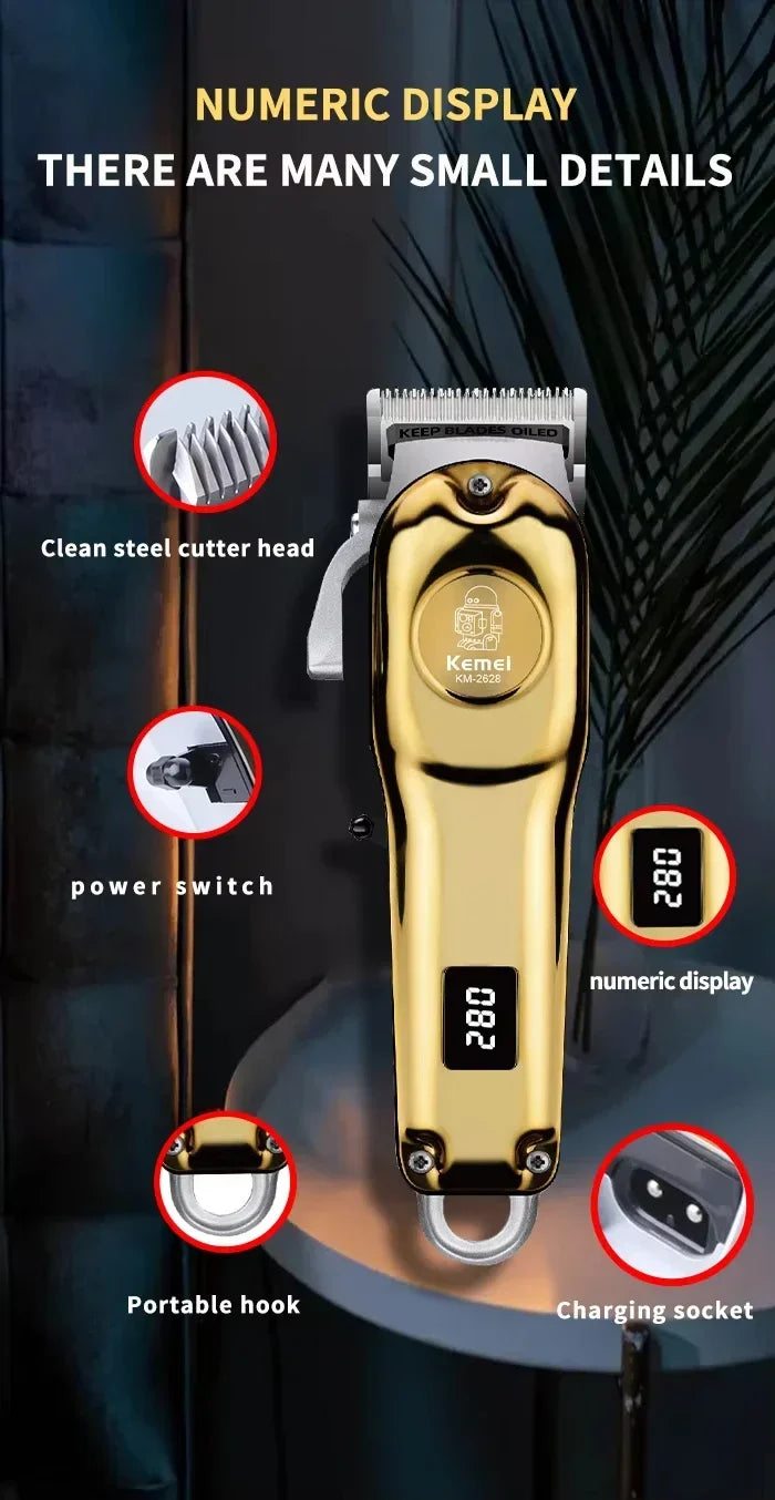 Máquina de cortar cabelo e barba Kemei KM-2628 KM-678 KM-2024/2025 kit profissional, elétrica recarregável, barbeador aparador de cabelo kit masculino